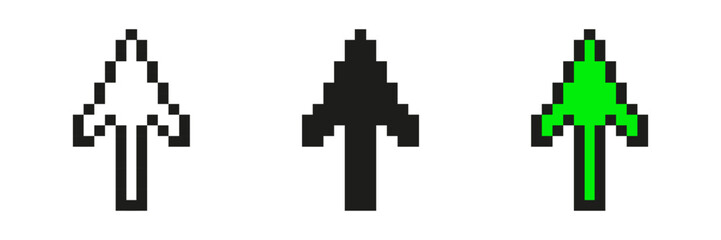 Pixel Art Arrow Icon Set. Directional Navigation And Interface Design Symbols. Retro Style Arrows In Black And Green Variations. Isolated Vector Illustration