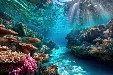 Obraz premium Vibrant Coral Reef with Tropical Fish and Sunlight