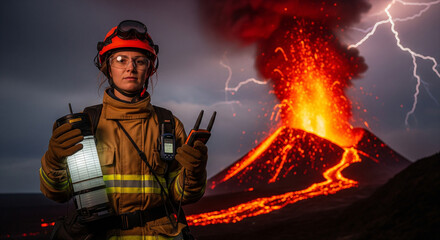 Fototapeta premium Emergency Responder Against Volcanic Eruption and Dramatic Lightning A courageous female emergency worker or firefighter, dressed in a standard fire-resistant turnout coat and safety helmet 