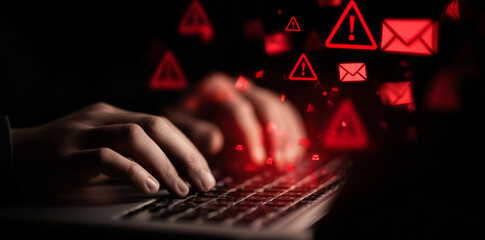 A person typing on a laptop with red warning signs.