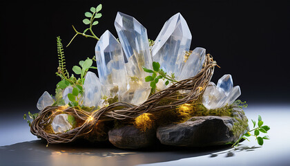 Glowing Crystals Wrapped In Twisting Vines On Rocks On Transparent Background