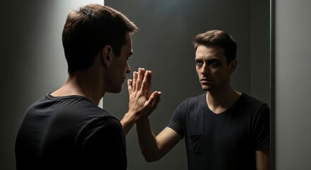 Struggle With Self Captured in a Man Confronting His Reflection Showing Inner Conflict and Emotional Tension