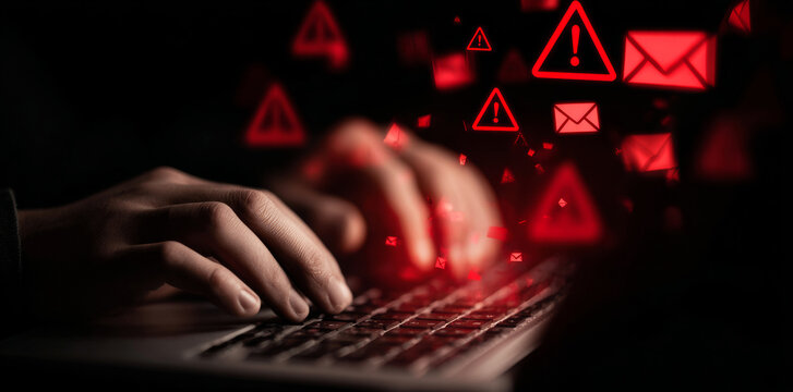 A person typing on a laptop with red warning signs. - Powered by Adobe