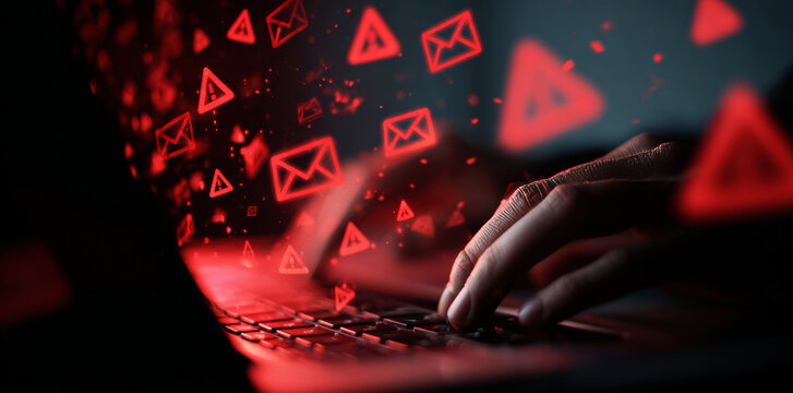 A person typing on a laptop with red warning signs.