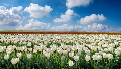 Spring Flower Field In The Netherlands With White Tulips Floral Background With Blue Sky And White Clouds