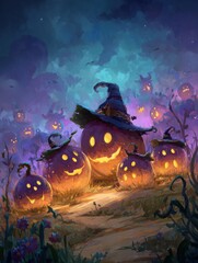 Magical Pumpkin Family with Witch Hats on a Glowing Path – Halloween Fantasy Illustration