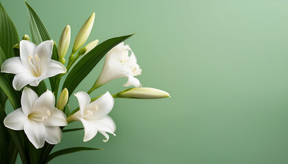 Tuberose Flowers With Buds And Leaves Isolated On Pale Green Background