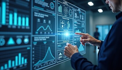 Business analyst interacting with big data dashboard for process efficiency and production analysis