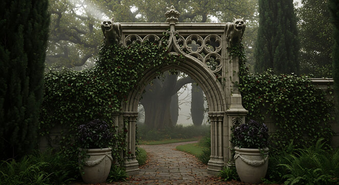 Ornate stone archway with gargoyles and ivy leading to a misty path in a lush green garden ai generated