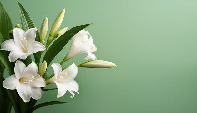Tuberose Flowers With Buds And Leaves Isolated On Pale Green Background