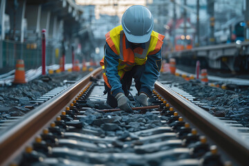 線路上で工具を使い点検作業を行う鉄道作業員の姿