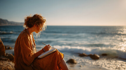 Woman journaling by the ocean at sunset with waves and golden light in the background