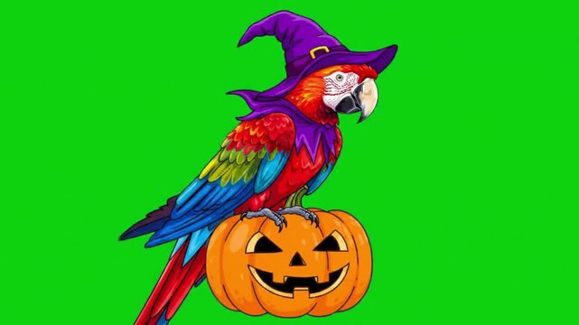 Halloween Parrot Perched on Pumpkin - A Festive Animated Scene.