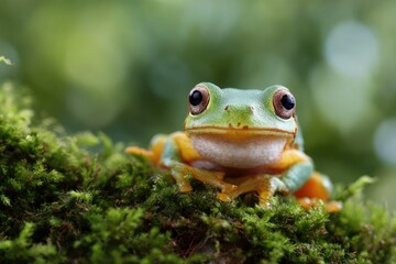 Naklejka premium Close-up of a vibrant green and orange frog resting on moss