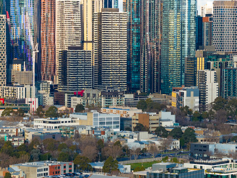 Aerial view of congested city buildings and high rise towers at Melbourne in Victoria