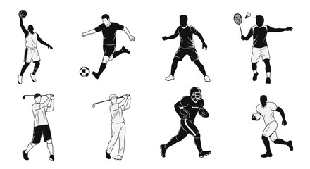 Dynamic collection of sports athletes playing basketball, soccer, golf, badminton, football, and rugby, perfect for sports branding and athletic designs