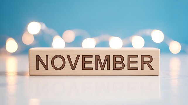 Wooden block with the word november in focus against a softly blurred background of warm bokeh lights