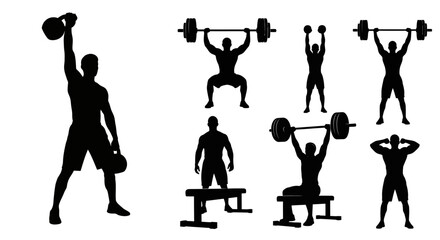 Dynamic silhouettes showcasing diverse weightlifting exercises for fitness enthusiasts and gym promotions, offering a powerful and motivational visual narrative