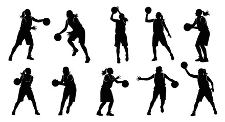 Dynamic black silhouettes showcase confident female basketball players in action, dribbling, shooting, and passing, ready to score with athletic power