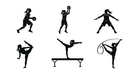 Dynamic silhouettes showcase athletic women playing basketball, volleyball, and performing gymnastics, perfect for sports branding and fitness promotions.