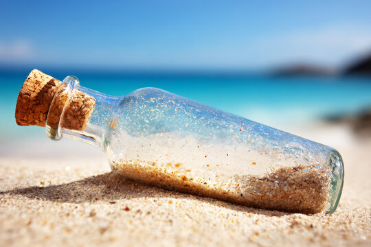 Sand in a bottle on the ocean beach.