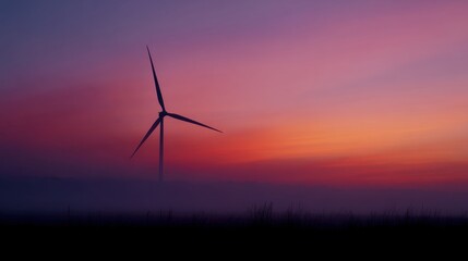 Photograph of a wind turbine at sunset. the sky is a gradient of pink, orange, and purple, with the sun setting in the background.