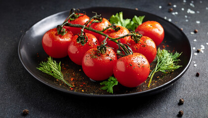 Delicious Spiced Tomatoes With Fresh Herbs On A Dark Plate
