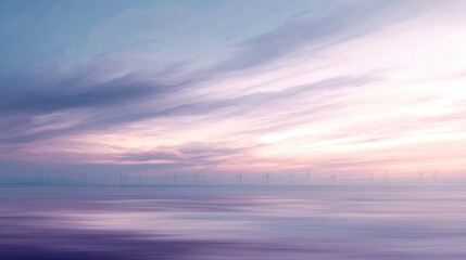 Fototapeta premium Landscape photograph of a vast ocean with a row of wind turbines in the distance.