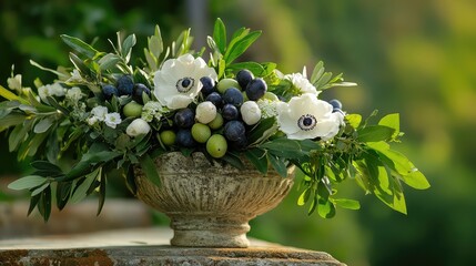Classic Mediterranean-inspired flower arrangement with olive and white floral elements