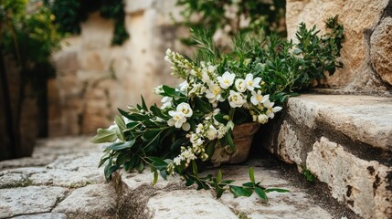 Classic Mediterranean-inspired flower arrangement with olive and white floral elements