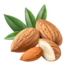 A cluster of whole and halved almonds with green leaves isolated on transparent background