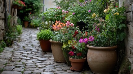 Clustered pots of vivid florals on a cobblestone path in full sunlight