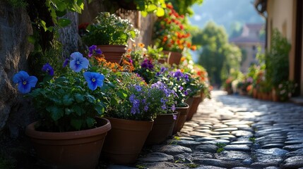Clustered pots of vivid florals on a cobblestone path in full sunlight