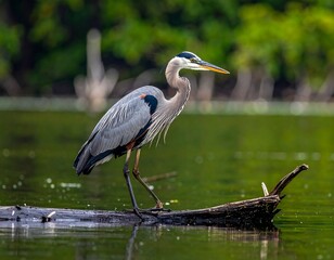 Grey heron on log, tranquil water