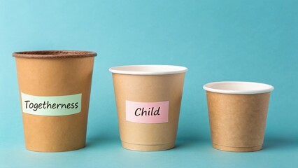 Three Aligned Cups on Bright Background with Colorful Labels