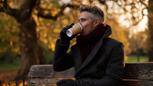 A content man enjoys a warm drink while sitting outside on a chilly autumn day.
