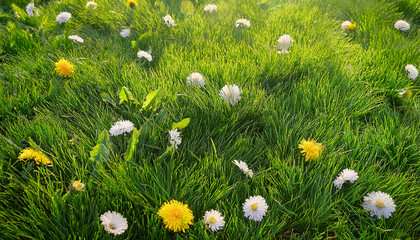 Spring Green Grass Texture With Flowers
