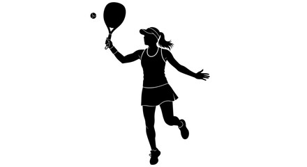 Dynamic silhouette of a female tennis player serving, poised and ready for action on the court, showcasing athletic skill and competitive spirit