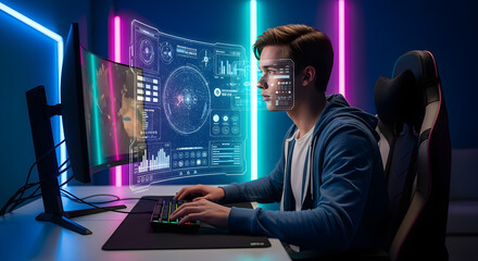 Immersive virtual reality gaming setup with focused young man wearing a vr headset and glowing interface.