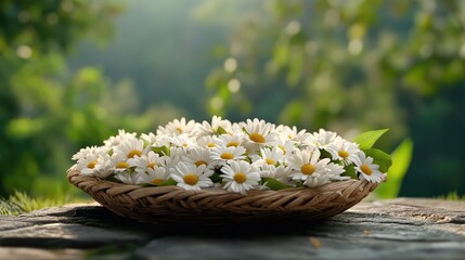 Elegant white daisies resting in a basket with blurred nature in the background