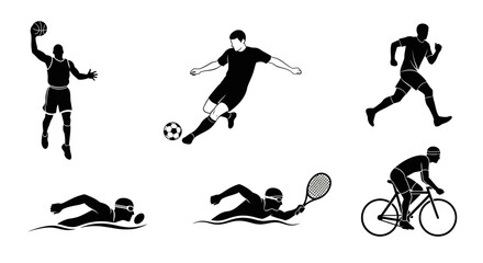 Dynamic silhouette collection showcasing athletes playing basketball, soccer, tennis, running, swimming, and cycling for fitness and competitive sports concepts