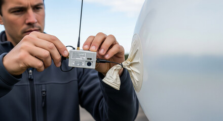 Focused Scientist Attaching Radiosonde Weather Sensor to Atmospheric Balloon.
A focused male scientist or technician is shown in a close-up shot carefully securing a radiosonde, a compact electronic 
