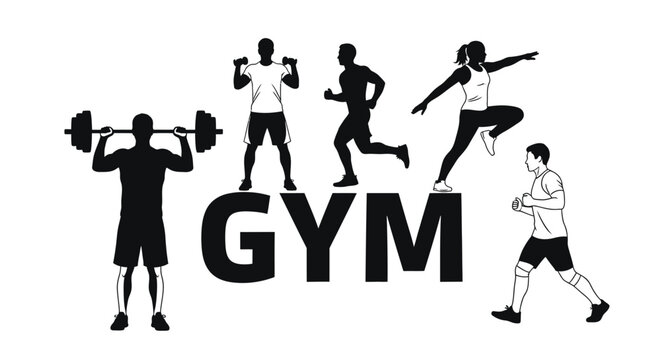 Dynamic gym lifestyle featuring diverse athletes in silhouette lifting weights, running, and exercising for fitness motivation and a healthy lifestyle