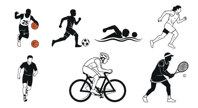 Athletic silhouettes showcase active lifestyle with sports like basketball, soccer, swimming, running, cycling and tennis for fitness and health promotion
