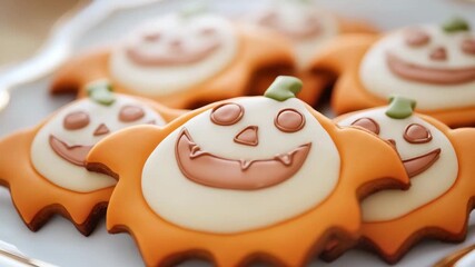 Delicious Halloween themed cookies shaped like pumpkins and ghosts rest on a decorative plate, perfect for festive gatherings - Powered by Adobe