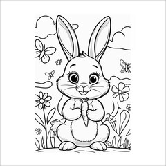 Cute happy cartoon Easter bunny rabbit illustration with fun pink ears and a colorful spring egg design