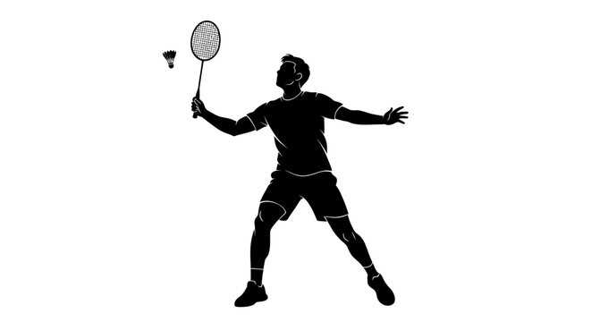 Dynamic silhouette of a badminton player poised to strike, showcasing athleticism and precision in a minimalist, impactful design ideal for sport brands