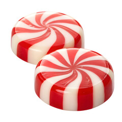 Two round red and white striped peppermint candies isolated on transparent background