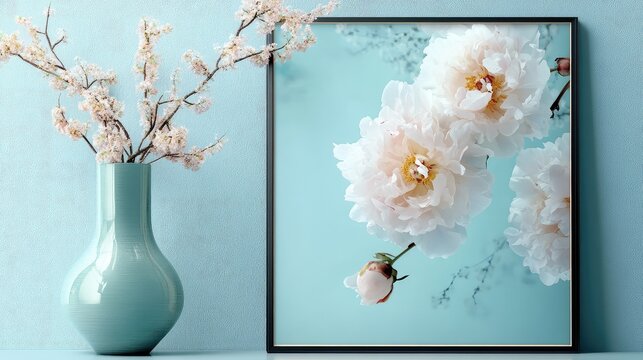 Hanging frame with delicate peonies and soft pastel wall tones