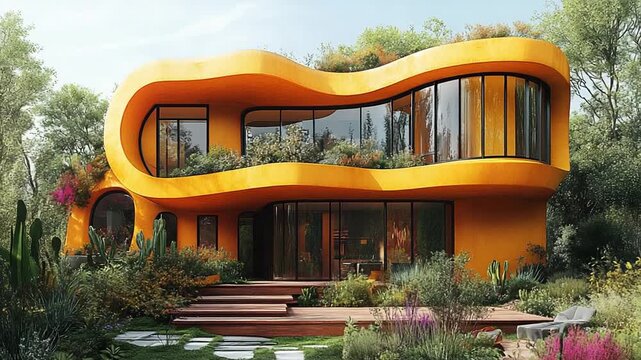 Modern Biophilic Architecture Orange House with Green Roof.